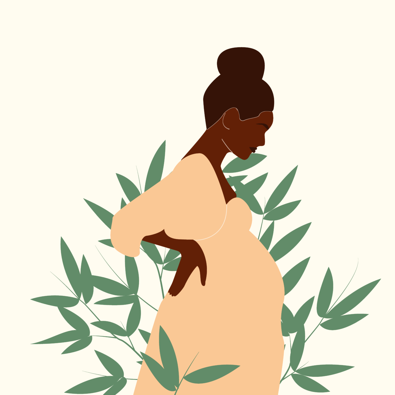 A graphic of a pregnant woman with a white dress and green leaves