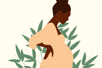 A graphic of a pregnant woman with a white dress and green leaves