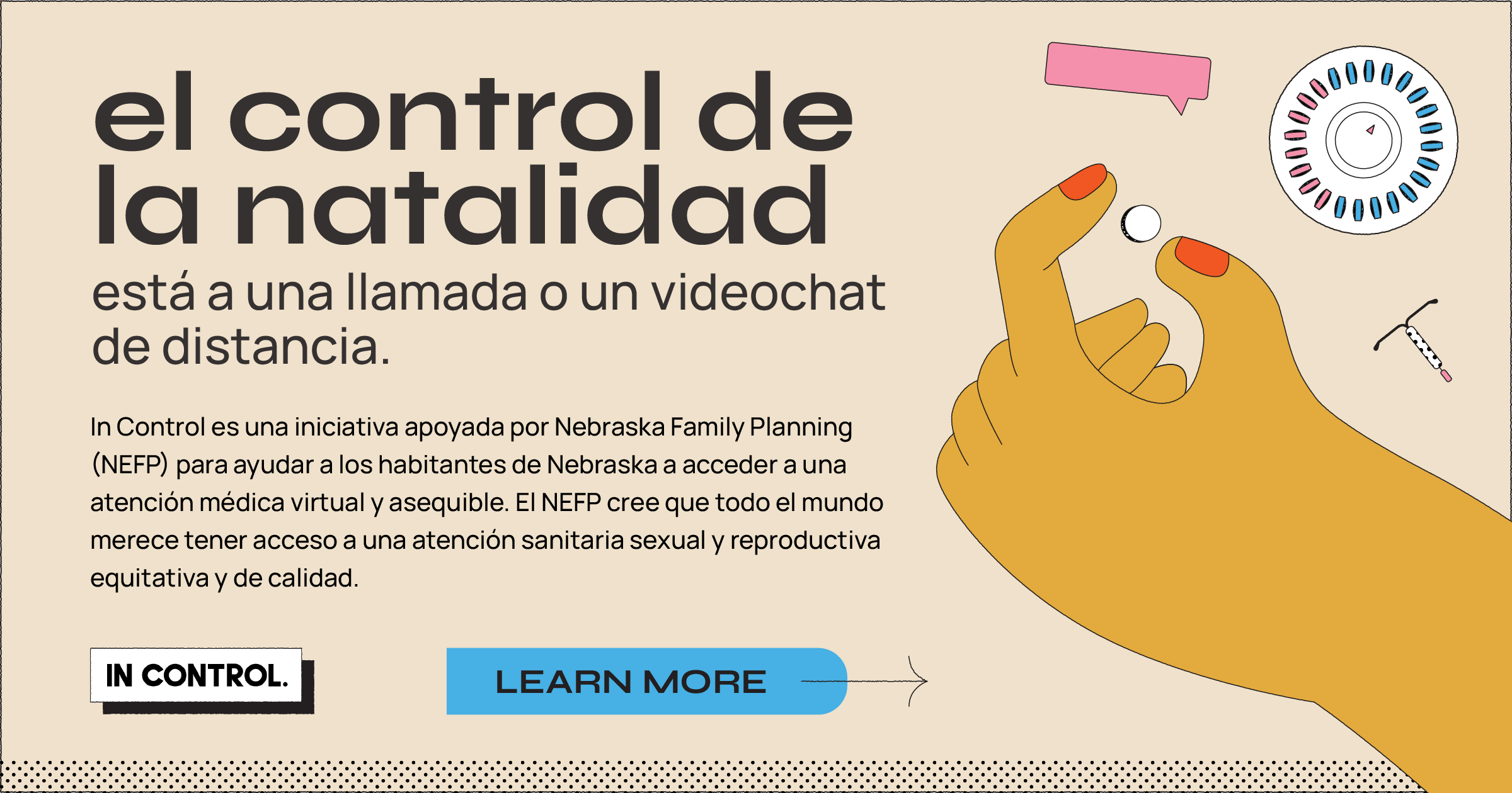 Graphic image of birth control resource with information in Spanish