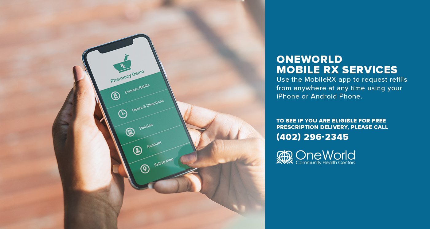 Image of a woman holding a mobile phone with Pharmacy Mobile Services links and text to the right with more information